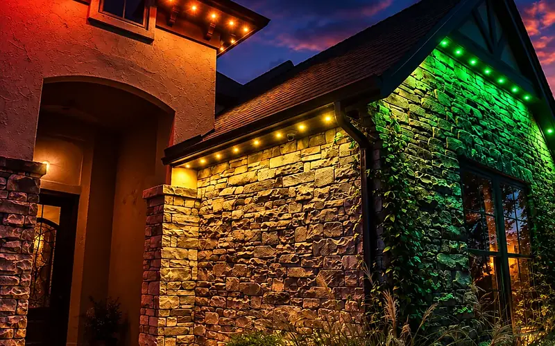 Game-day colors across the full front elevation of a real install