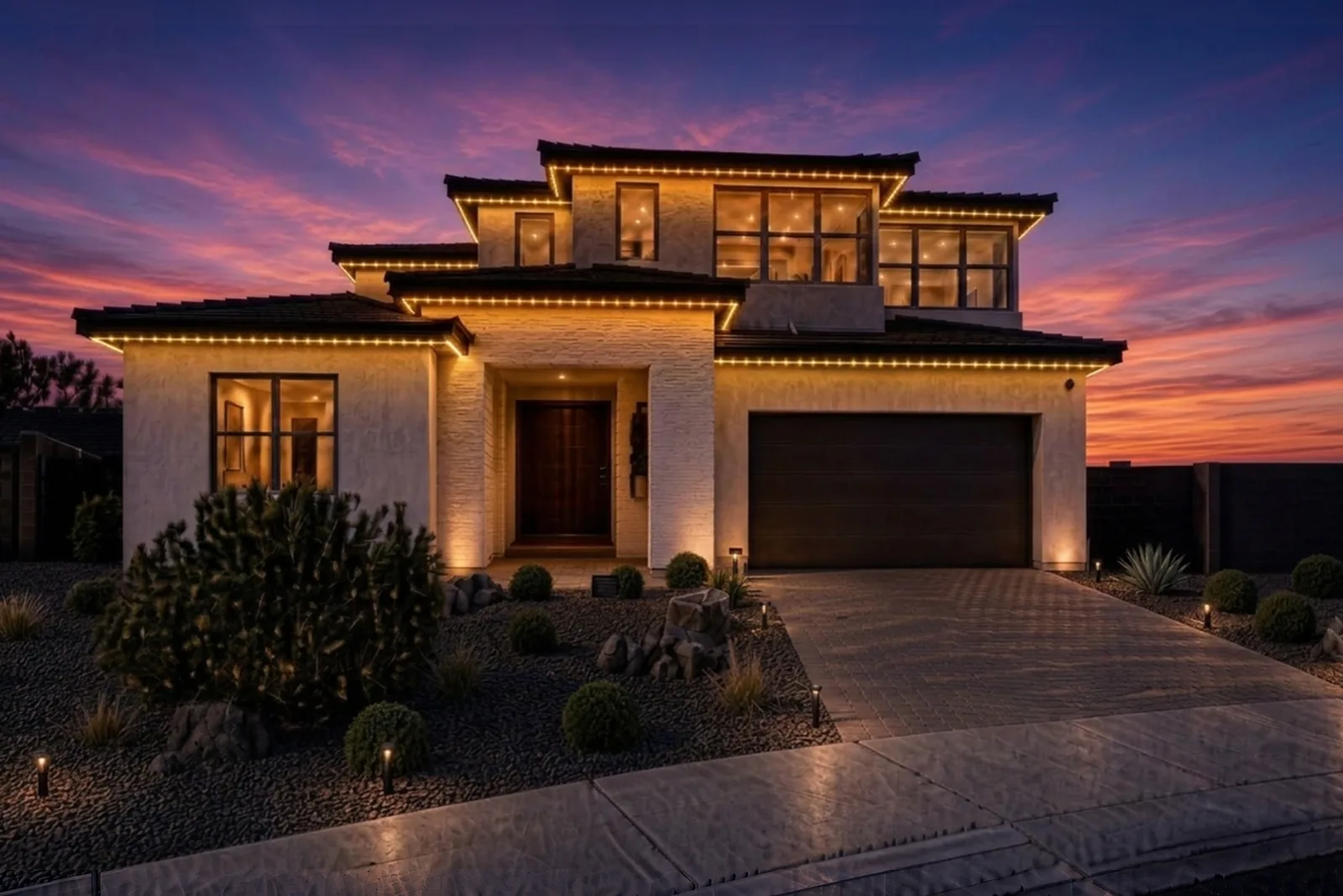 The same home after dark with the permanent roofline lighting switched on