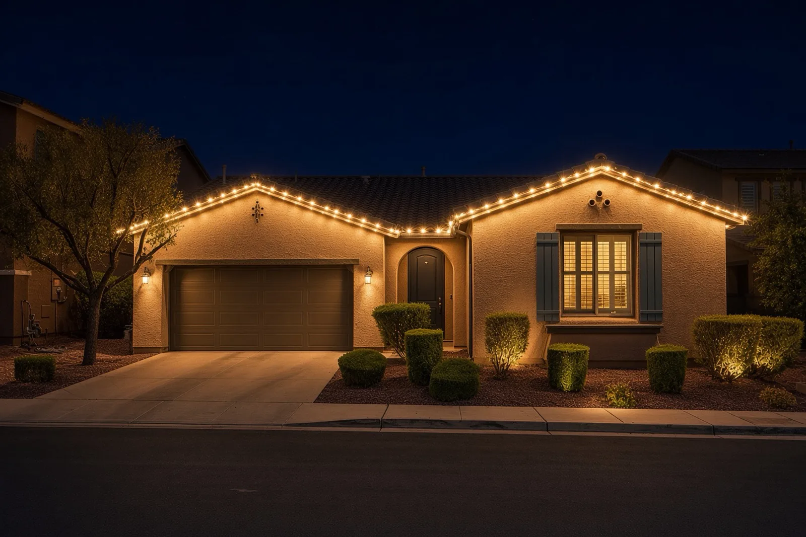 The same home after dark with the permanent roofline lighting switched on