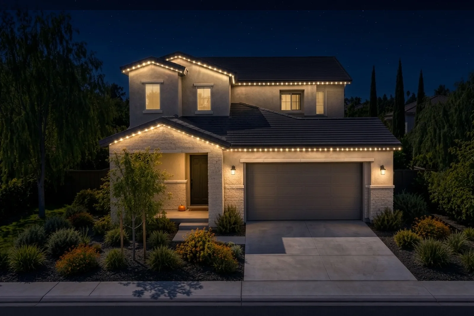 The same home after dark with the permanent roofline lighting switched on