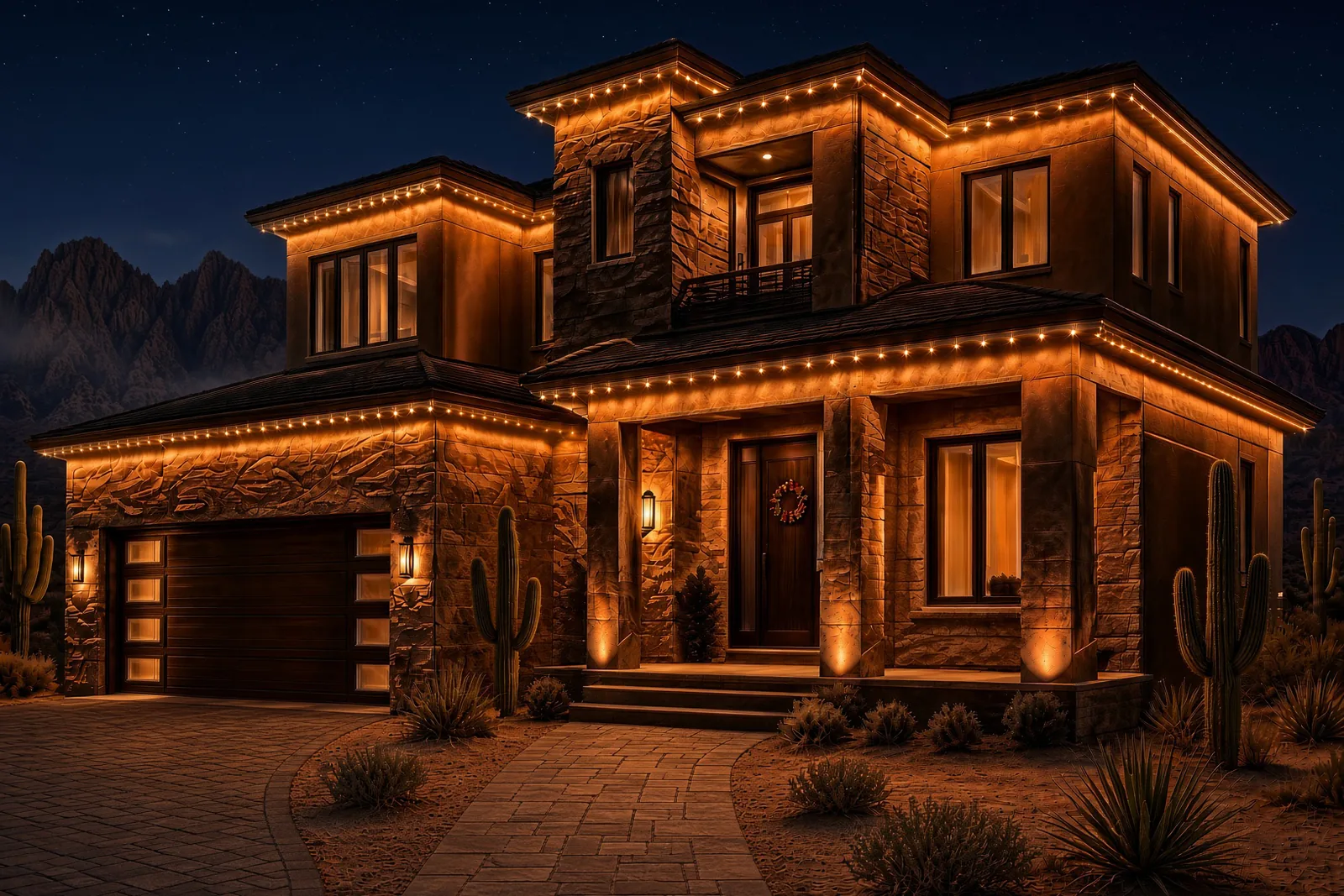 The same home after dark with the permanent roofline lighting switched on