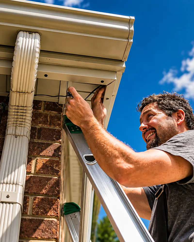 A LivSmart installer on a ladder, fitting color-matched channel up into the fascia of a brick home