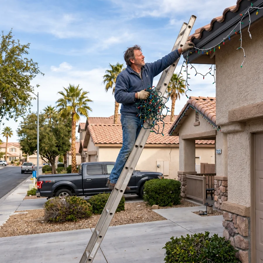 A homeowner balanced on an aluminum ladder hanging seasonal string lights along a roofline