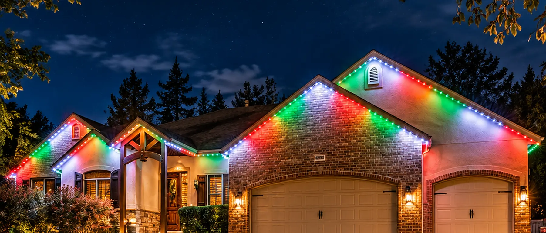 A brick home with every gable and eave traced in red, green and white LivSmart lighting on a clear night